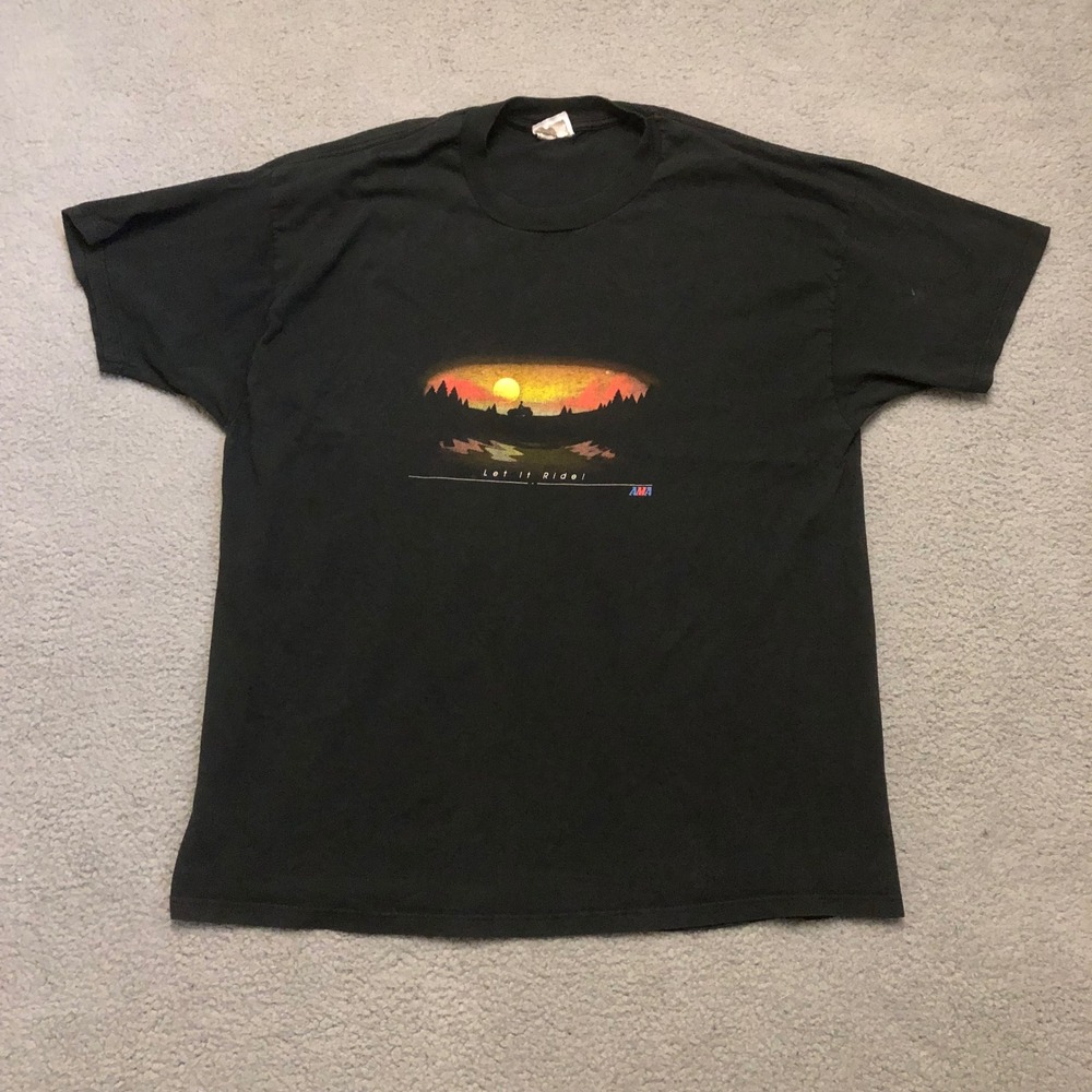 Vtg AMA Let It Ride Motorcycle Sunset Graphic Tee Black 2X American Motorcycle